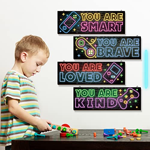 YLOLUL 4 Pieces Neon Gaming Decor for Boys Room Wooden Video Game Wall Art Print 11.8 x 3 Inch Motivational Quote Gamer Hanging Plaques Wall Decor for Boys Kids Room Bedroom Playroom Decorations (Neon B) - Image 3