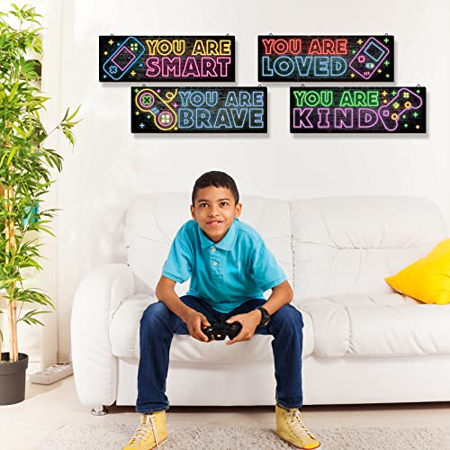 YLOLUL 4 Pieces Neon Gaming Decor for Boys Room Wooden Video Game Wall Art Print 11.8 x 3 Inch Motivational Quote Gamer Hanging Plaques Wall Decor for Boys Kids Room Bedroom Playroom Decorations (Neon B) - Image 5