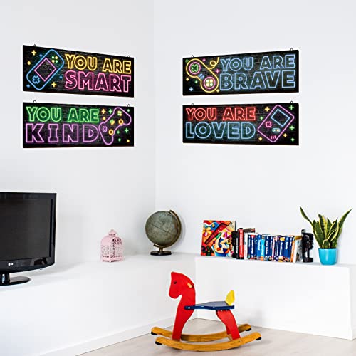 YLOLUL 4 Pieces Neon Gaming Decor for Boys Room Wooden Video Game Wall Art Print 11.8 x 3 Inch Motivational Quote Gamer Hanging Plaques Wall Decor for Boys Kids Room Bedroom Playroom Decorations (Neon B) - Image 4