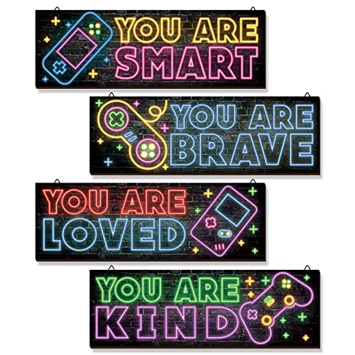 YLOLUL 4 Pieces Neon Gaming Decor for Boys Room Wooden Video Game Wall Art Print 11.8 x 3 Inch Motivational Quote Gamer Hanging Plaques Wall Decor for Boys Kids Room Bedroom Playroom Decorations (Neon B) - Image 1