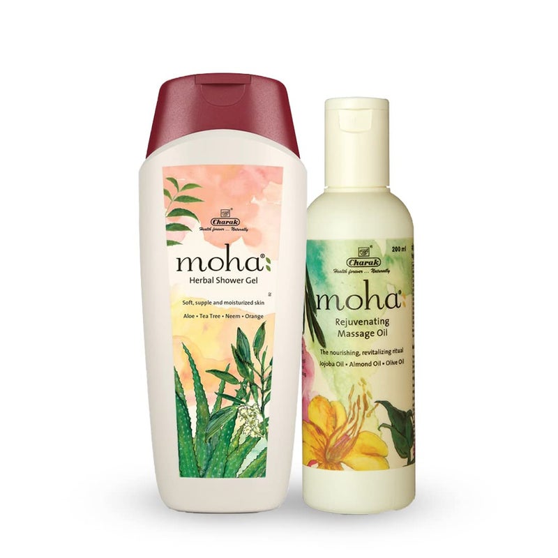 moha Herbal Shower Gel 200 ml And Rejuvenating Massage Oil 200ml Combo  Soft Supple and Moisturised Skin with Aloe Tea Tree Neem and Orange  Herbal Body Wash Gel and Massage Oil - Image 1