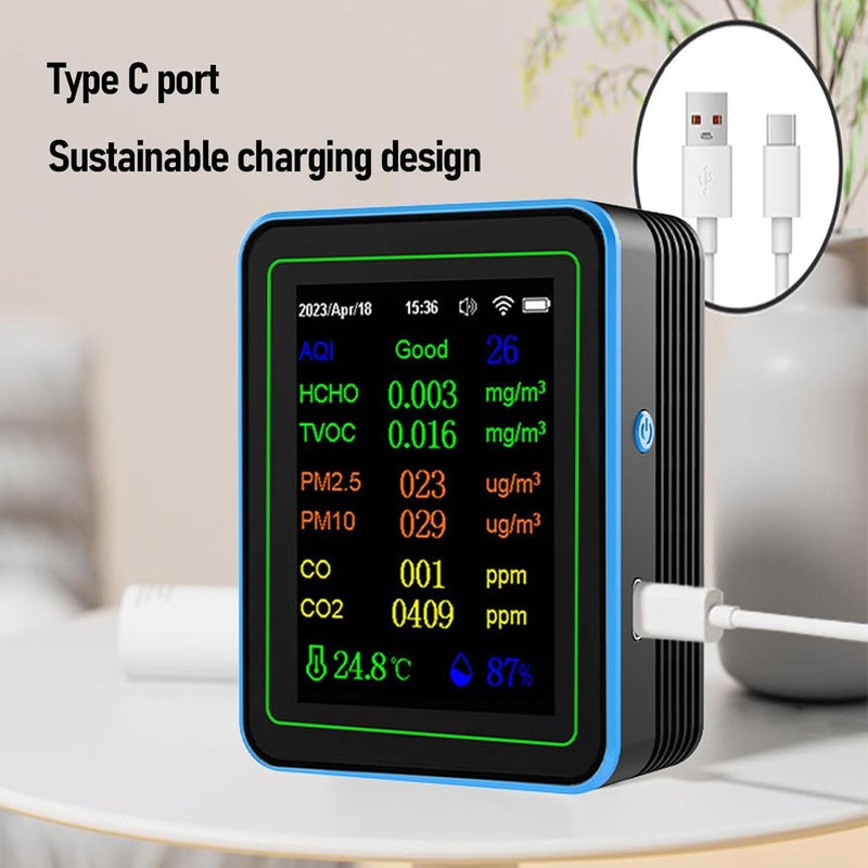Air Quality Meter, 12 in 1 WiFi CO2 TVOC HCHO Detector, Smart Sensor Meter with LCD Screen, Ideal for Tuya APP Real Time Data (Black and Blue) - Image 4