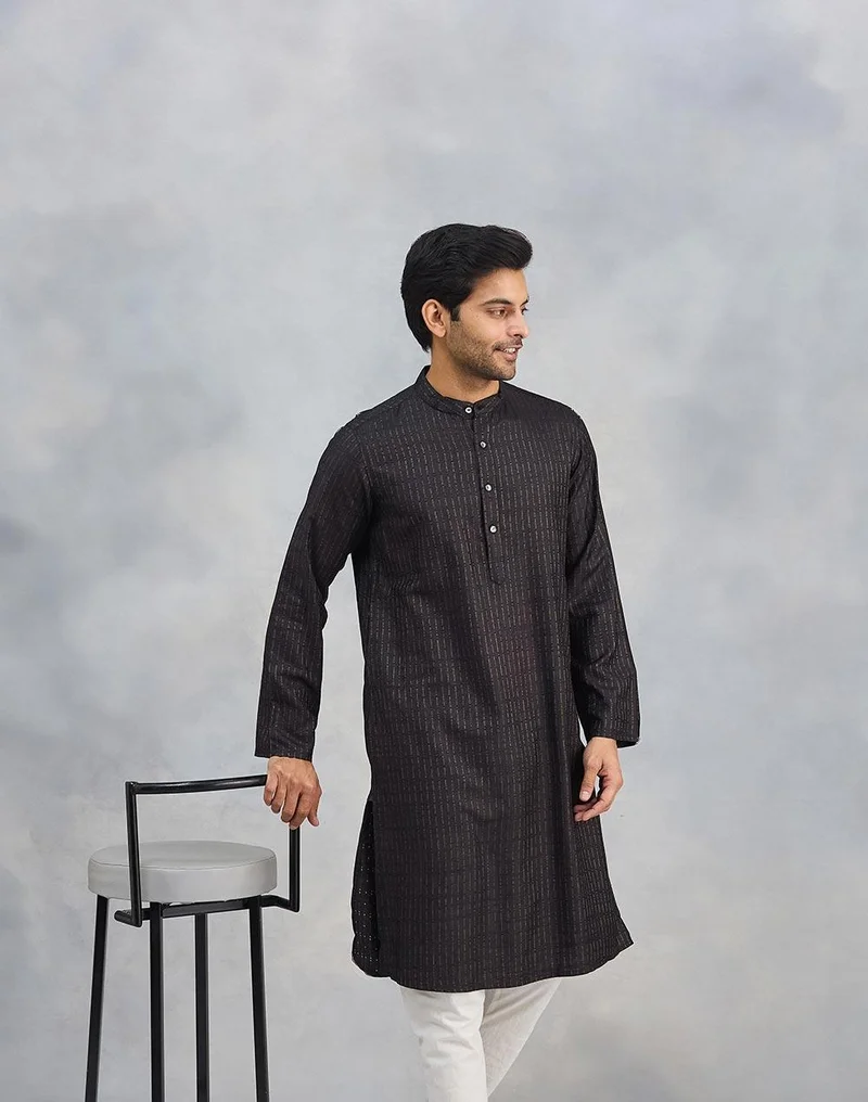 Fabindia Black Viscose Blend Dobby Slim Fit Long Kurta