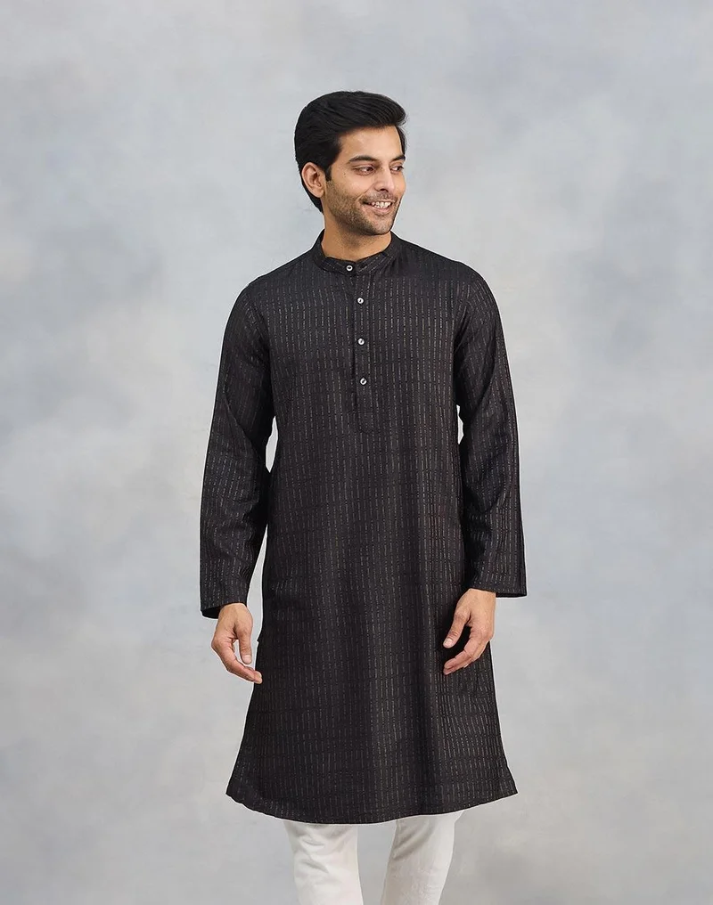 Fabindia Black Viscose Blend Dobby Slim Fit Long Kurta