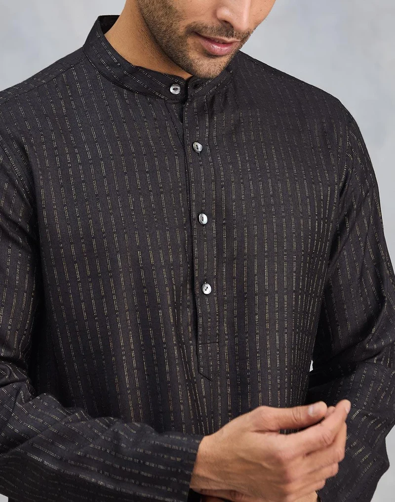 Fabindia Black Viscose Blend Dobby Slim Fit Long Kurta