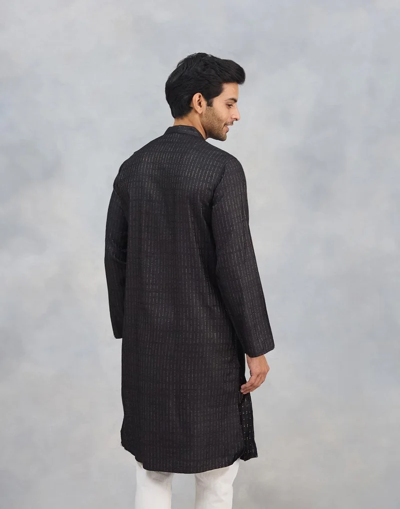 Fabindia Black Viscose Blend Dobby Slim Fit Long Kurta