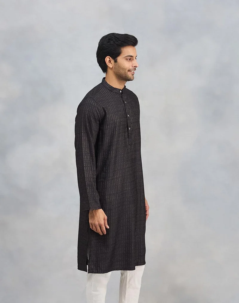 Fabindia Black Viscose Blend Dobby Slim Fit Long Kurta