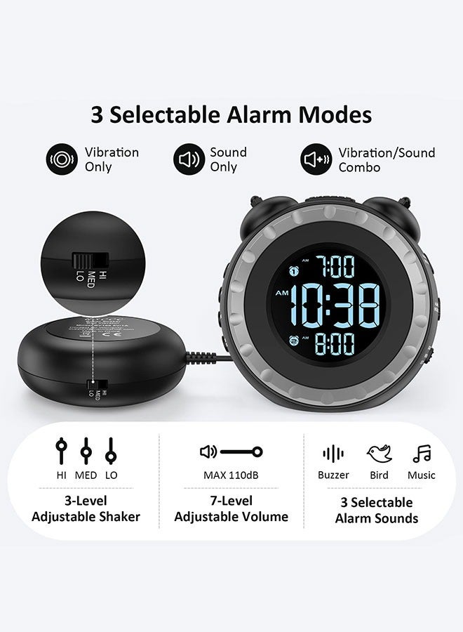 WINEENEE Loud Dual Alarm Clock with Bed Shaker - 0-100% Dimmer, Vibrating Alarm Clock for Heavy Sleepers or Hearing Impaired, Easy to Set, USB Charging Port, Snooze, Battery Backup - Image 5