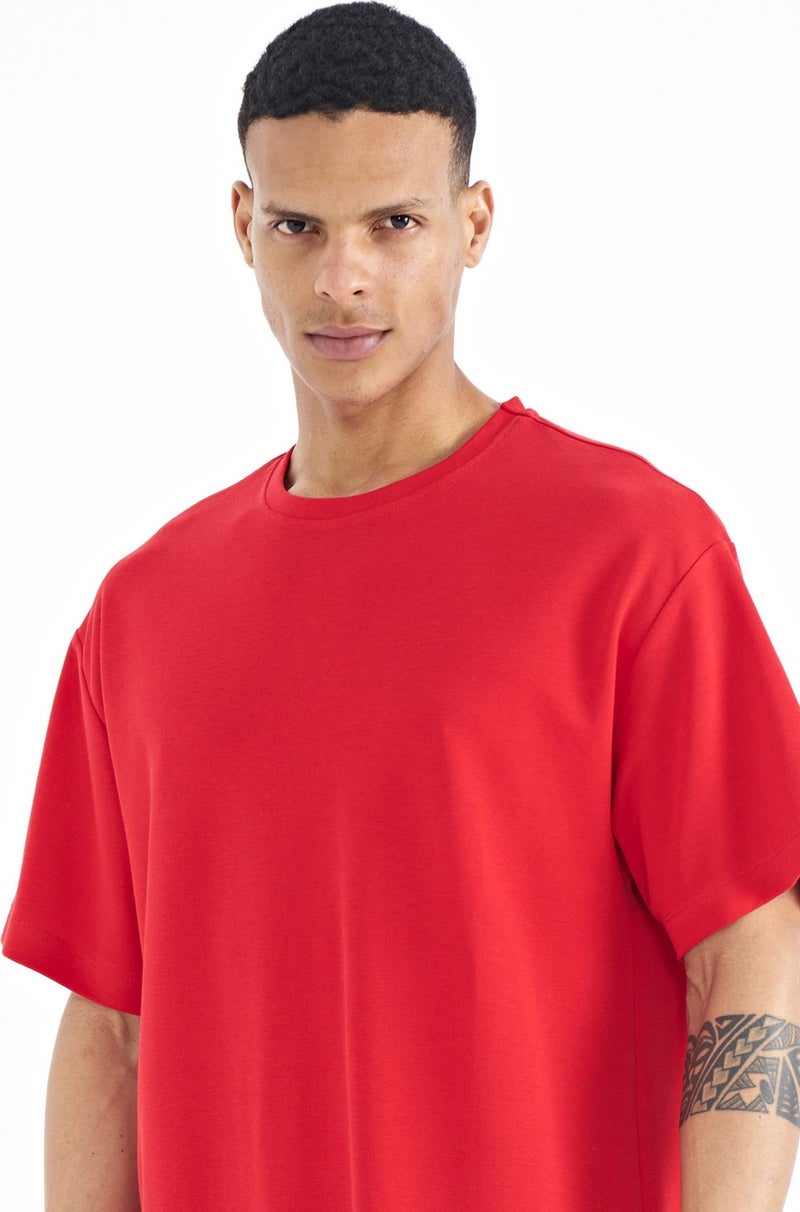 Tommy Life Red Sleeve Badge Detail Basic Oversize Men's T-Shirt - 88193  - Image 5
