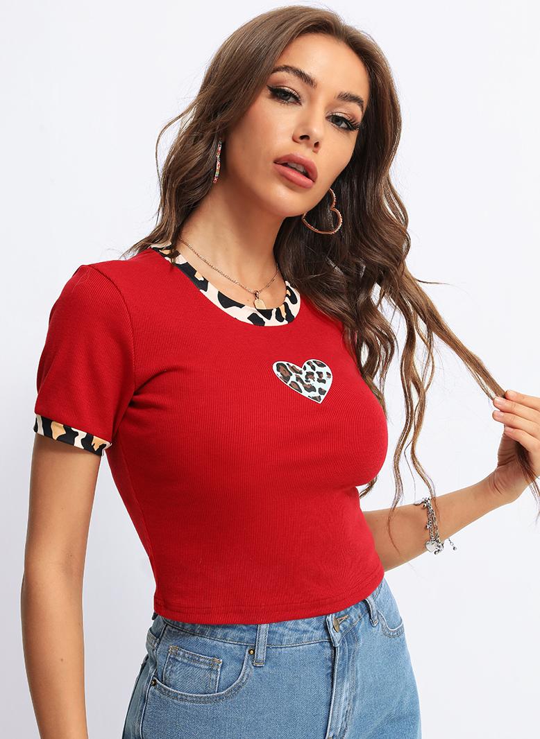 FridayIn Female Fast fashion Round neck Leopard Slim T-shirt Red - Image 3