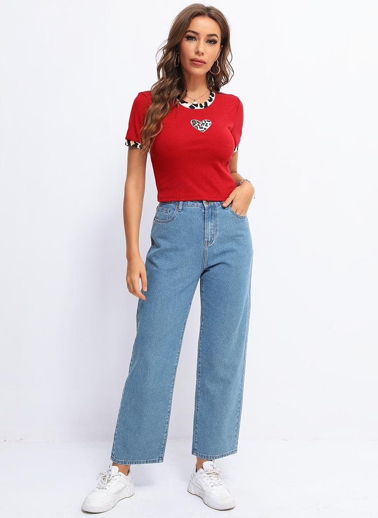 FridayIn Female Fast fashion Round neck Leopard Slim T-shirt Red - Image 5