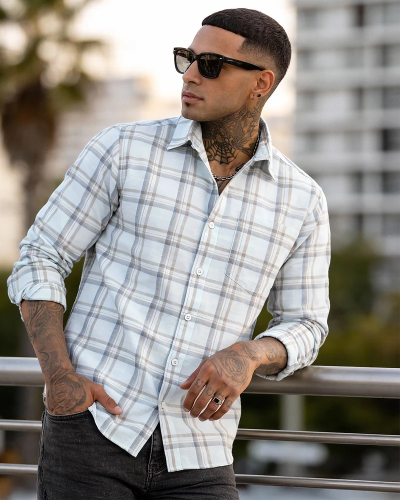 bewakoof Men's Light Blue Checked Cotton Linen Shirt