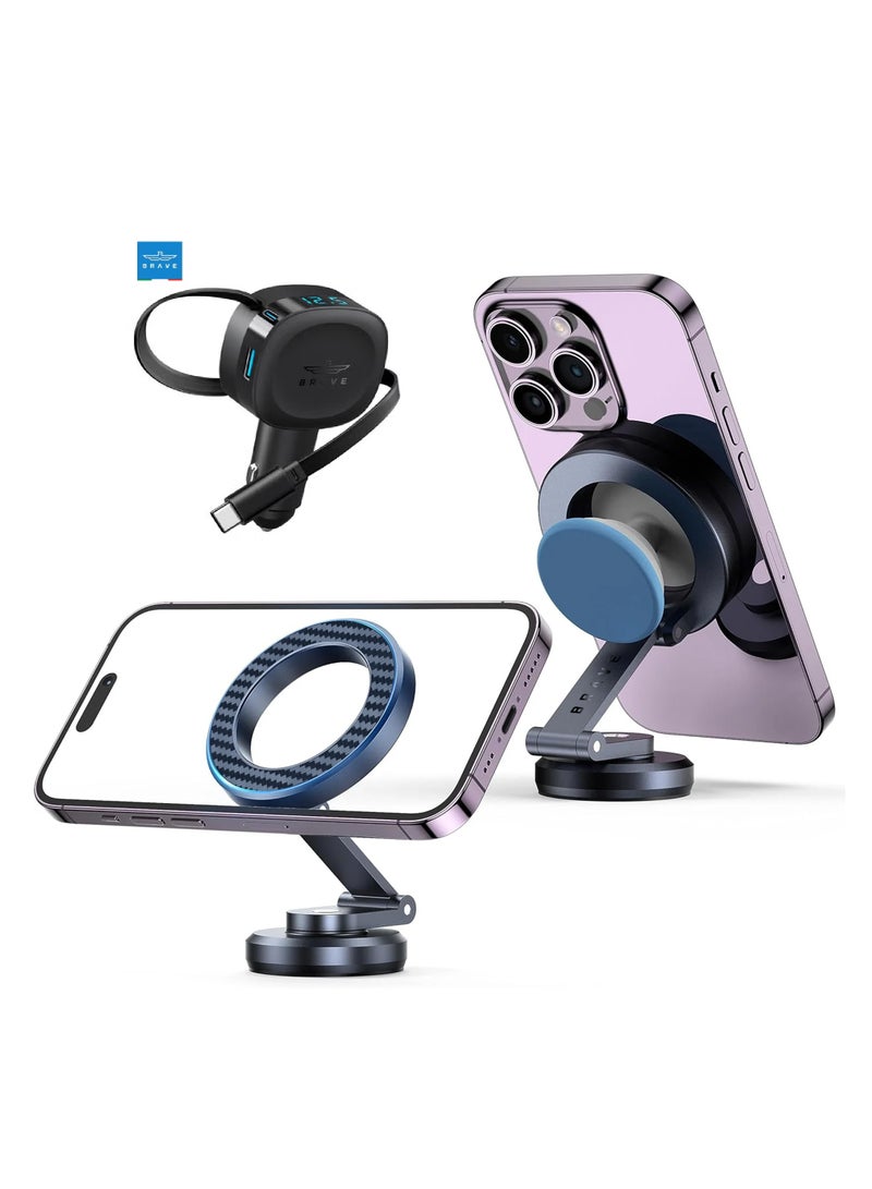 Brave Car Accessory Bundle: MagSafe Magnetic Car Phone Holder, Aluminum Alloy with Carbon Fiber Finish, 360° Rotating Dashboard Base, Powerful N52 Magnet, Adjustable Universal Car Mount for iPhones, Samsung, and Qi-Compatible Devices, 60W Retractable Car Charger with Built-in 30W USB-C Cable (80cm Length), Fast Charging Adapter with LED Display, 2 USB-C Ports and 1 USB-A Port, Type-C Car Charger for iPhones, Samsung, Tablets, and Laptops - Image 1