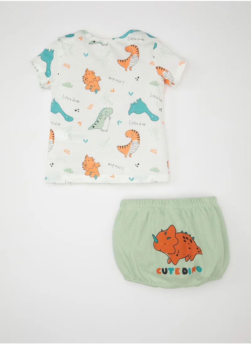 ديفاكتو Dinosaur Print Short Sleeve T-Shirt And Waffle Shorts 2-Piece Set