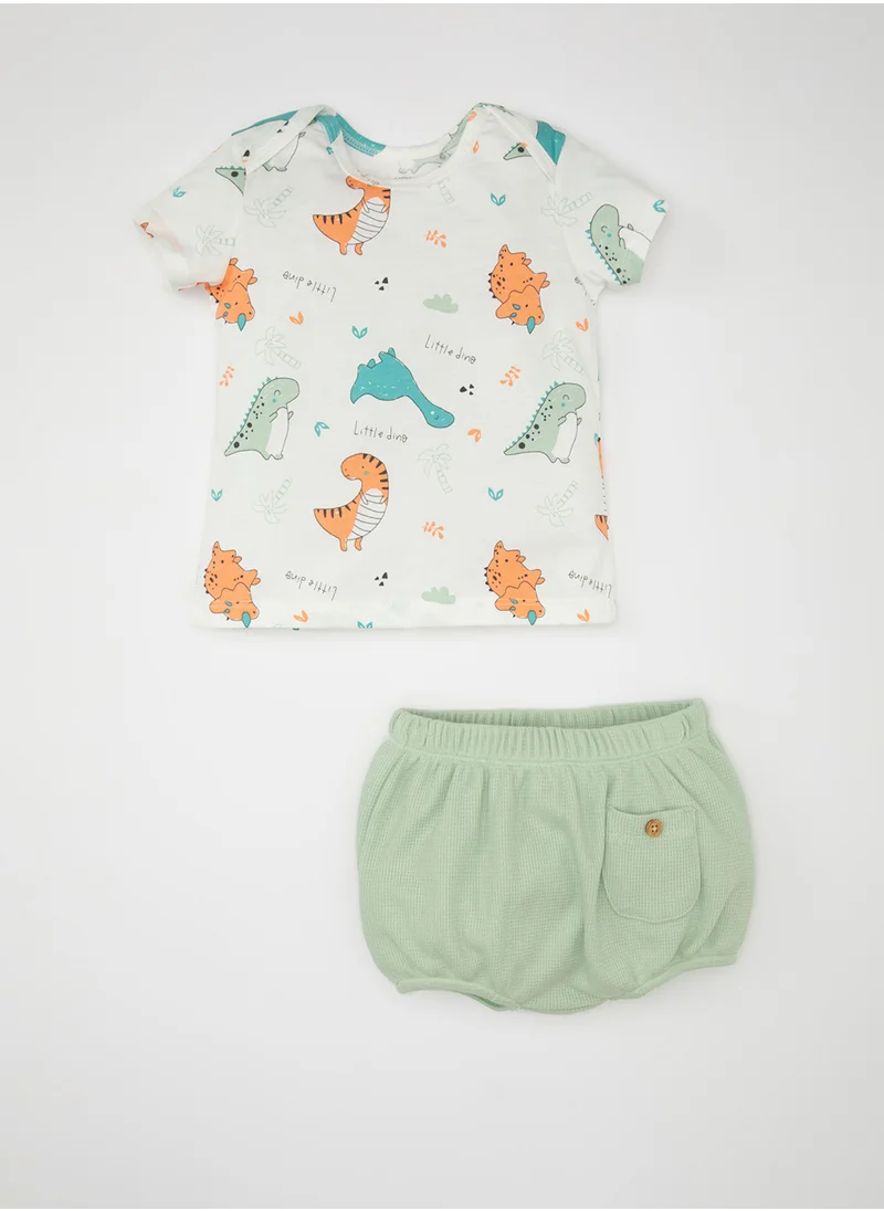 DeFacto Dinosaur Print Short Sleeve T-Shirt And Waffle Shorts 2-Piece Set