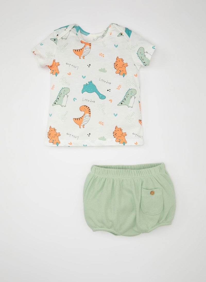Dinosaur Print Short Sleeve T-Shirt And Waffle Shorts 2-Piece Set