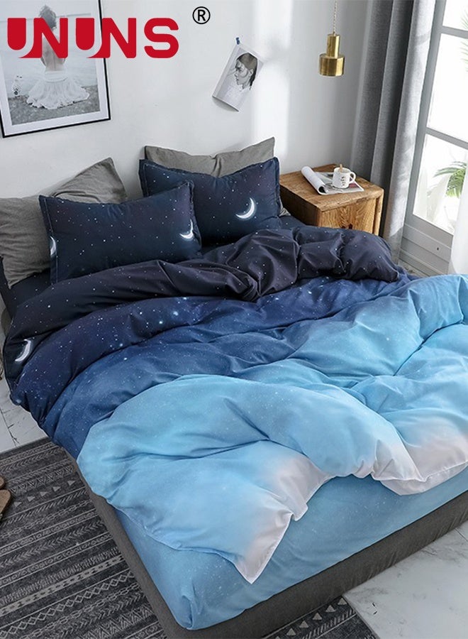 UNUNS طقم غطاء لحاف بحجم كينغ 4 قطع، غطاء لحاف مزخرف بنجوم وأقمار، يتضمن 1 غطاء لحاف 200 × 230 سم، 2 غطاء وسادة 48 × 74 سم، 1 ملاءة سرير 230 × 230 سم، طقم سرير قطن فائق النعومة، بدون لحاف، تدرج أزرق رمادي - Image 3