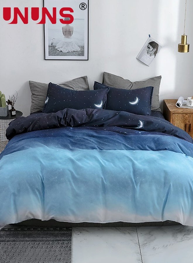 UNUNS طقم غطاء لحاف بحجم كينغ 4 قطع، غطاء لحاف مزخرف بنجوم وأقمار، يتضمن 1 غطاء لحاف 200 × 230 سم، 2 غطاء وسادة 48 × 74 سم، 1 ملاءة سرير 230 × 230 سم، طقم سرير قطن فائق النعومة، بدون لحاف، تدرج أزرق رمادي - Image 4