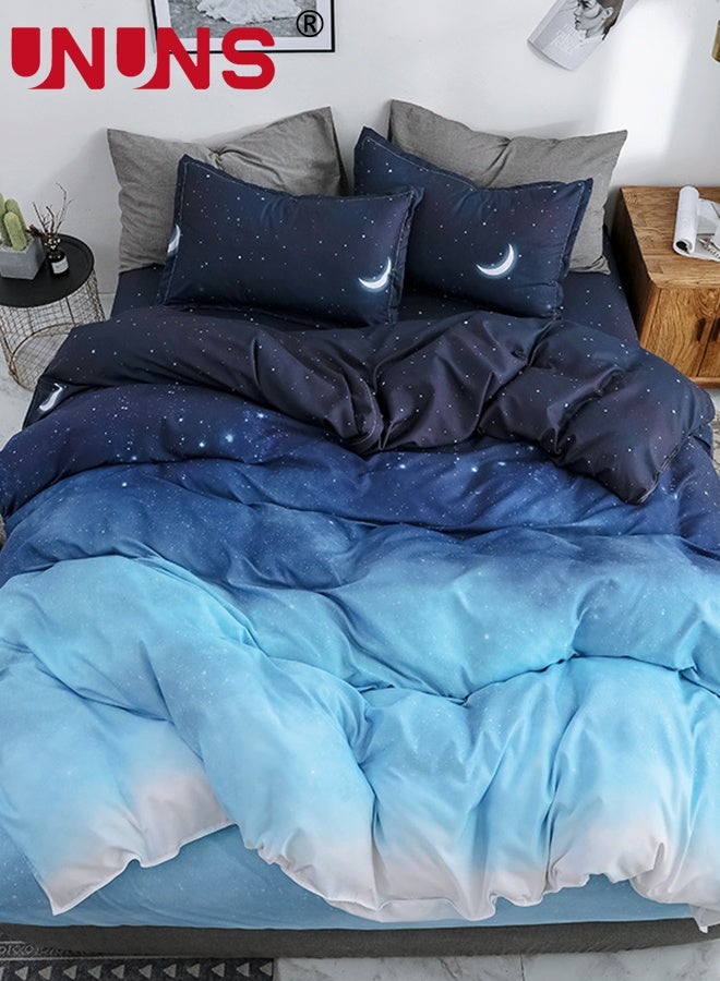 UNUNS طقم غطاء لحاف بحجم كينغ 4 قطع، غطاء لحاف مزخرف بنجوم وأقمار، يتضمن 1 غطاء لحاف 200 × 230 سم، 2 غطاء وسادة 48 × 74 سم، 1 ملاءة سرير 230 × 230 سم، طقم سرير قطن فائق النعومة، بدون لحاف، تدرج أزرق رمادي - Image 2