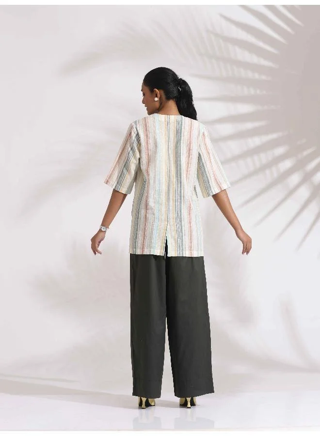 trueBrowns Off-White Cotton Stripe Jacket Top Co-ord Set