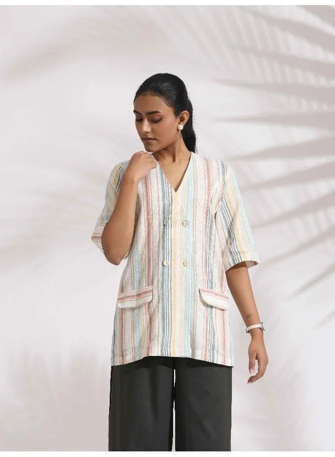 trueBrowns Off-White Cotton Stripe Jacket Top Co-ord Set