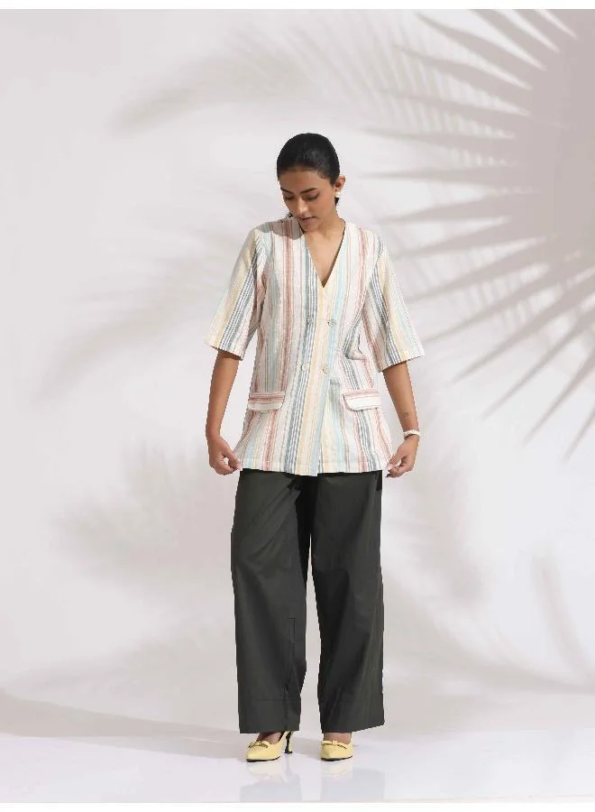 trueBrowns Off-White Cotton Stripe Jacket Top Co-ord Set