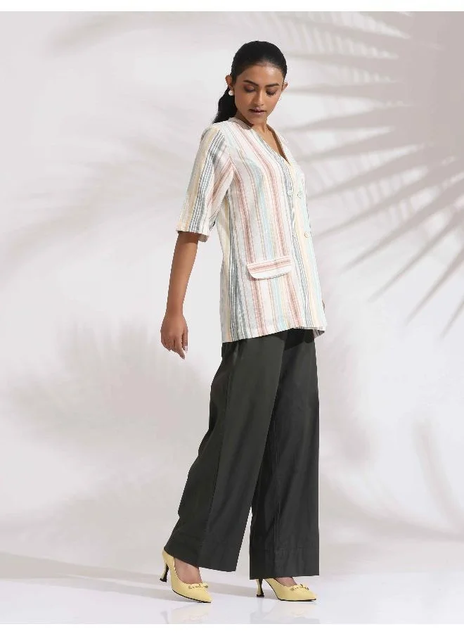 ترو برونز trueBrowns Off-White Cotton Stripe Jacket Top Co-ord Set