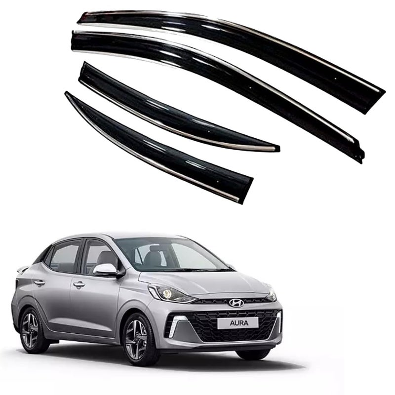 ROYALTECH Premium Chromeline & Silverline Unbreakable Car Rear Window Wind Deflectors & Side Door Visor Rain Guard Compatible with (Hyundai Aura (2023 Onwards)) - Image 1