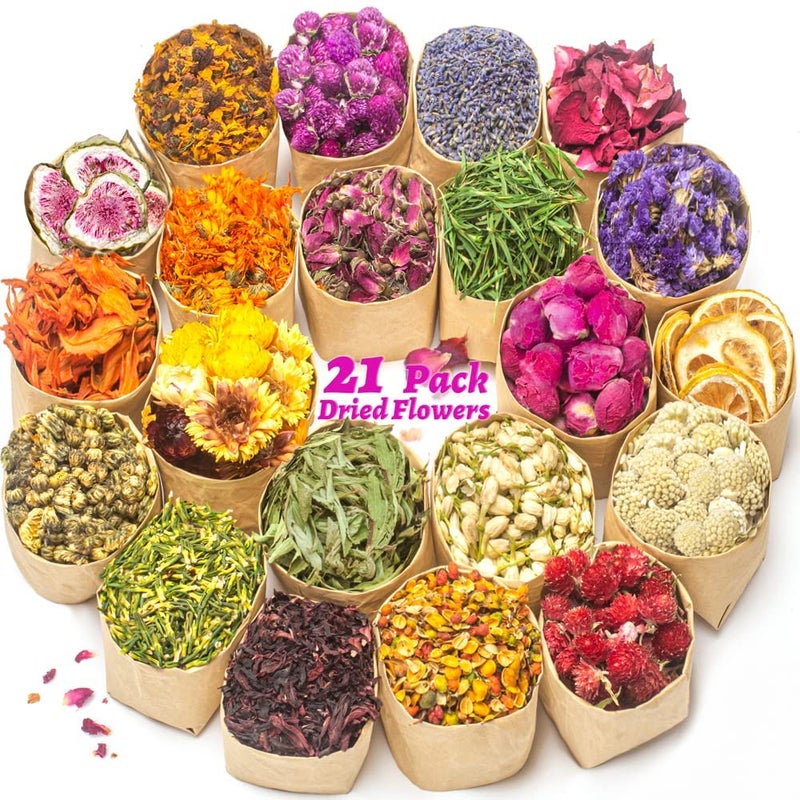 LAVEVE Dried Flowers 21 Bags 100 Natural Dry Flower Herbs Kit for Soap DIY Candle Bath Resin Jewelry Making Include Lavender Dont Forget Me Lily Rose Petals Jasmine and More