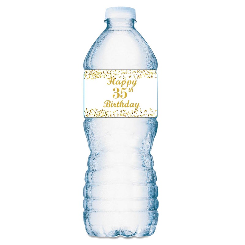35th Birthday Water Bottle Labels Set of 20 Waterproof Water Bottle Stickers Wrappers Gold and White Happy Birthday Labels Made in USA