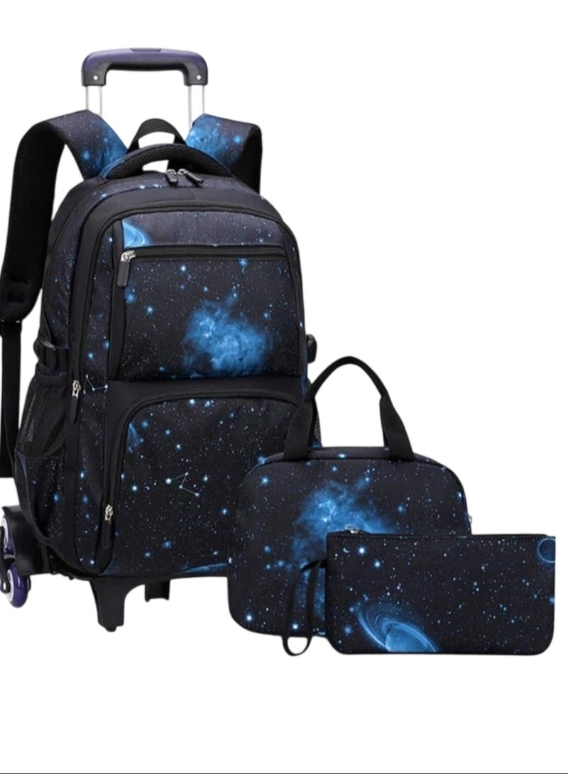 هويتك حقيبة ظهر بعجلات بست عجلات، طقم من 3 قطع، أسود وأزرق - Image 4