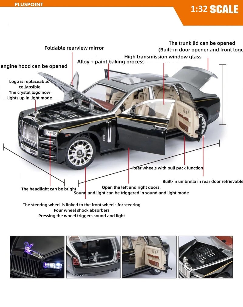 PLUSPOINT 1:32 Scale Rolls Royac Phantom Car Pull Back Vehicles Diecast Exclusive Zinc Alloy Metal Toy Model Car with Openable Door and Sound Light Gifts Toys for Kids Toddlers - Image 4