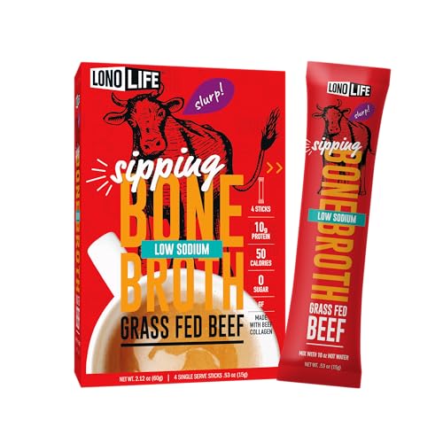 LonoLife Low Sodium Beef Bone Broth Powder Mix | Grass-Fed, 10g Protein | Collagen-Rich, Keto & Paleo Friendly | Natural Ingredients | 4 Portable Stick Pack Servings - Image 1