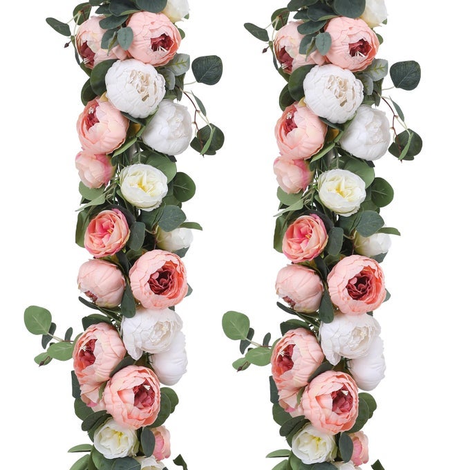 2 Pack Artificial Flower Garlands 112FT Eucalyptus Garlands with Flowers 8 Head Peony Flower Vine Faux Floral Garland for Wedding Arch Table Wall Backdrop Wreath Decoration Pink White