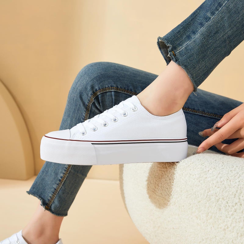 hash bubbie Platform Sneakers for Women White Platform Shoes Low Top Tennis Shoes Non Slip Black Fashion Canvas Sneakers(White.US7) - Image 3