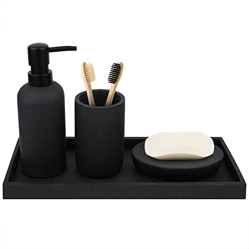 TAUVLL TAUVLL Bathroom Accessory Set4 Pcs Complete Resin Bathroom Counter Vanity Accessories Sets Vanity Tray Lotion DispenserSoap Pump Toothbrush Holder Soap DishMatte Black Sandstone Modern Decor 