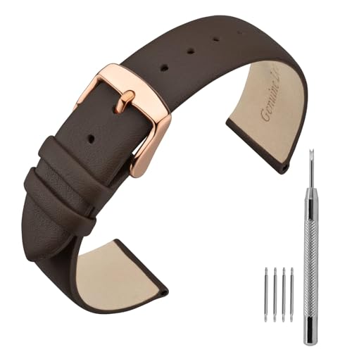ANNEFIT Calfskin Leather Watch Straps 16mm Thin Elegant Replacement Watch Band with Rose Gold Buckle Dark Brown - Image 1