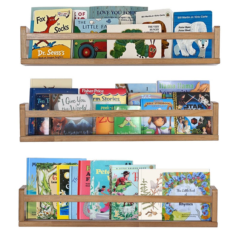 AZSKY Nursery Shelves Light Walnut Floating Book Shelf Organizer for Baby Nursery Dcor Wall Book Shelves for Kids Room 24 Inch Wood Wall Ledge Shelves for Bathroom Kitchen Spice Rack a Set of 3