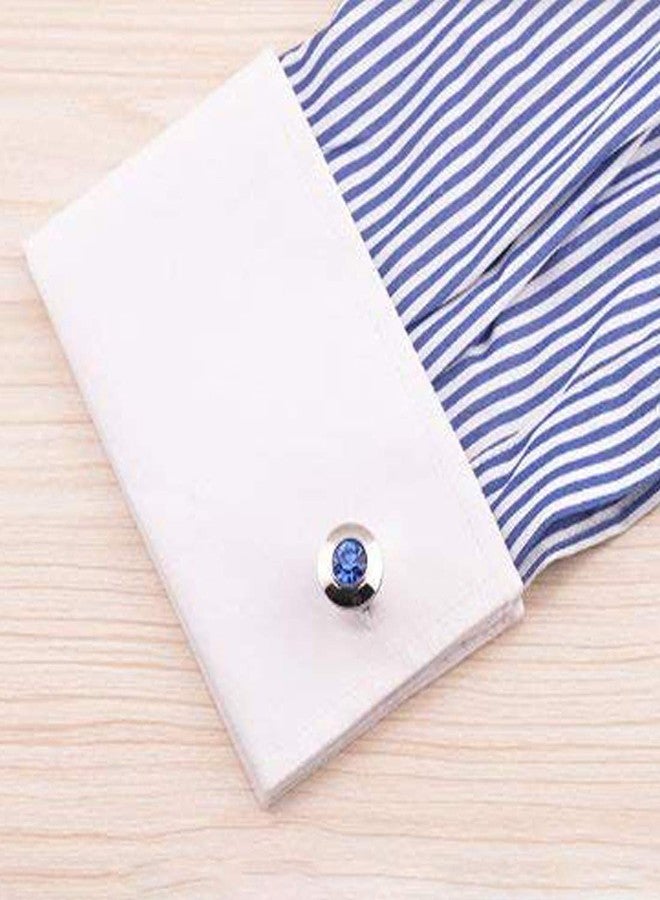 Peora Silver Plated Circular Blue Crystal Cufflinks for Men Boys Wedding Corporate Business Gift - Image 3