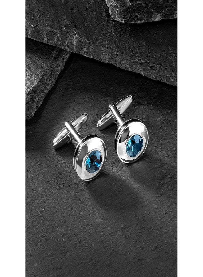 Peora Silver Plated Circular Blue Crystal Cufflinks for Men Boys Wedding Corporate Business Gift - Image 2