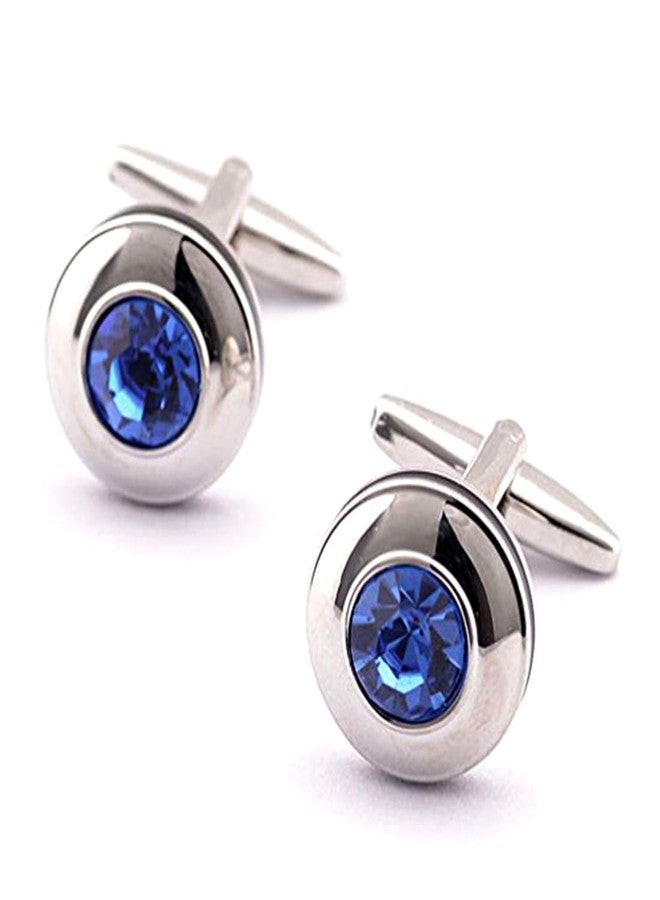 Peora Silver Plated Circular Blue Crystal Cufflinks for Men Boys Wedding Corporate Business Gift - Image 1