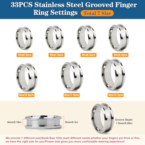 Starry 33PCS 7 Size Stainless Steel Blank Finger Ring US Size 6/7/8/9/10/11/12 8mm Core Blanks Wide Empty Round Grooved Inlay Ring Blanks for Jewelry Making Kits Men Women DIY Craft Supplies (Silver) - Image 2