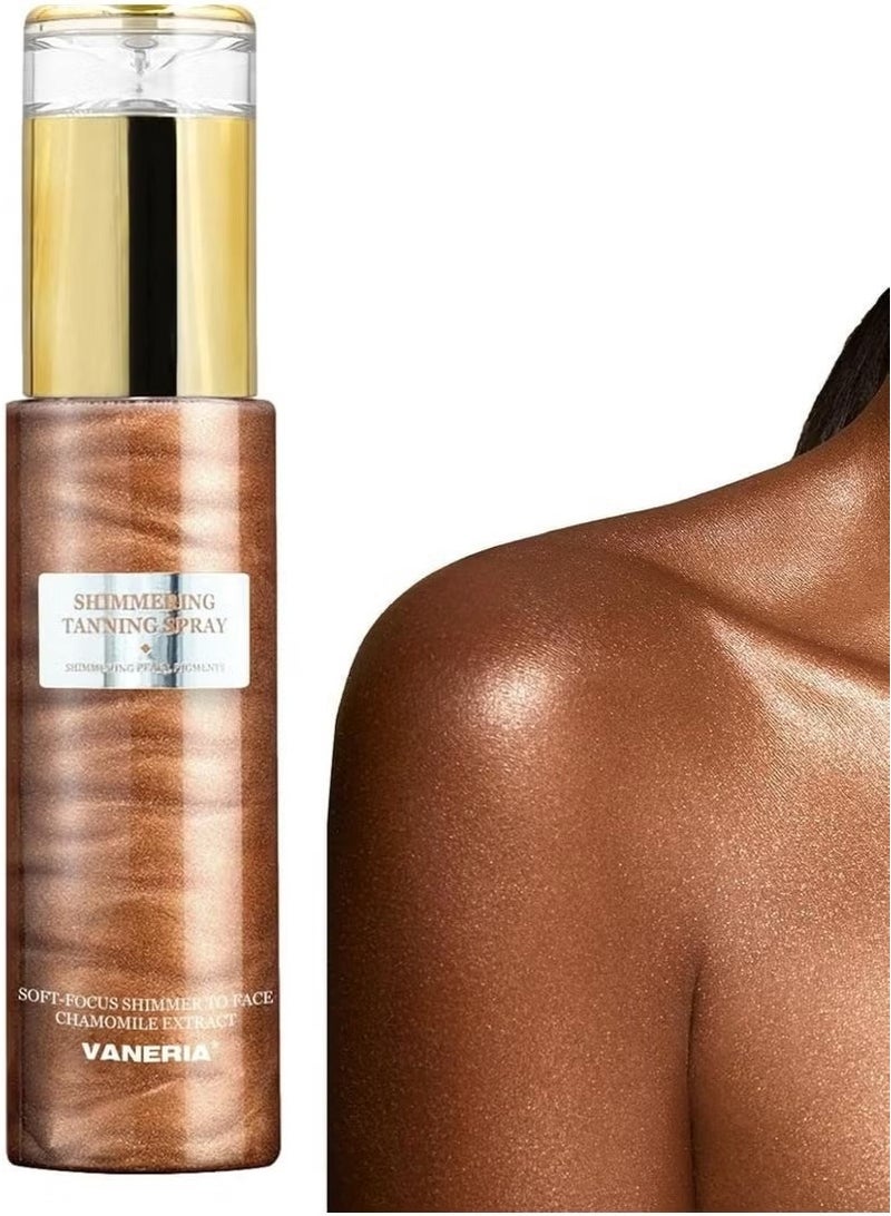 VANERIA Shimmering Spray Tanning with Mitt, Long-Lasting, Instant Tan Spray with Mica, Streak-Free, Self Tanner Spray Quick Tan, Hydrating 80ml /2.7 Fl.Oz - Image 1