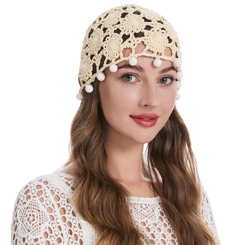 ZLYC Women Cotton Crochet Skull Cap Handmade Knit Cutout Floral Beanie Hat (Bead Beige) - Image 1