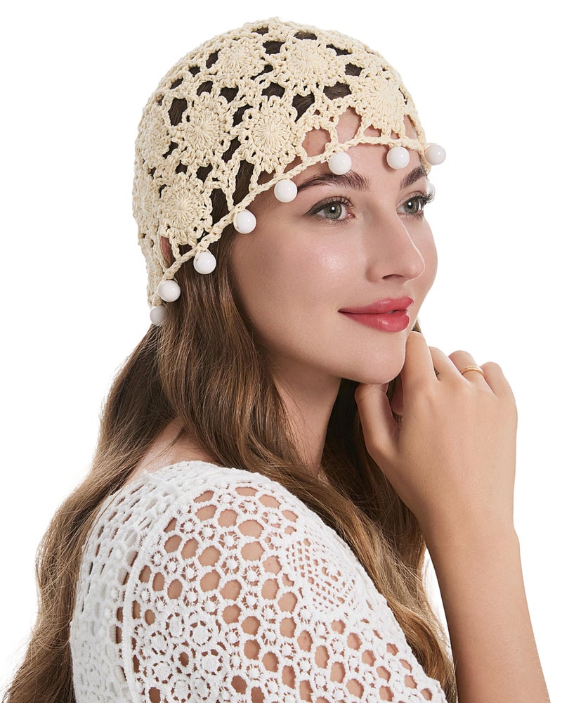 ZLYC Women Cotton Crochet Skull Cap Handmade Knit Cutout Floral Beanie Hat (Bead Beige) - Image 3