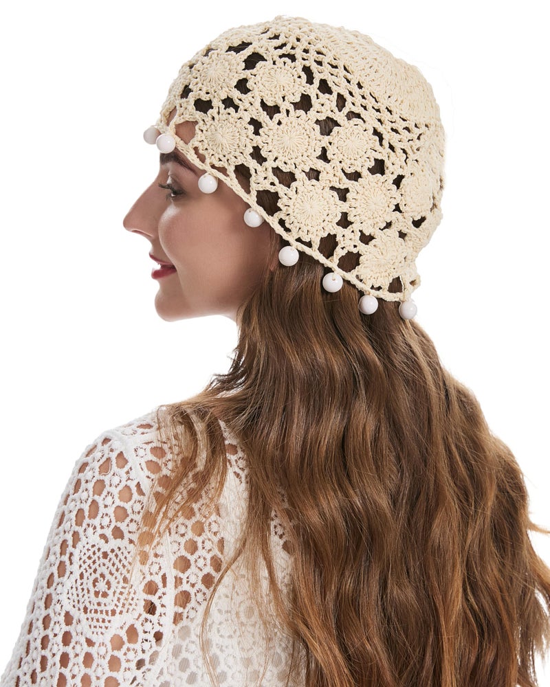 ZLYC Women Cotton Crochet Skull Cap Handmade Knit Cutout Floral Beanie Hat (Bead Beige) - Image 5