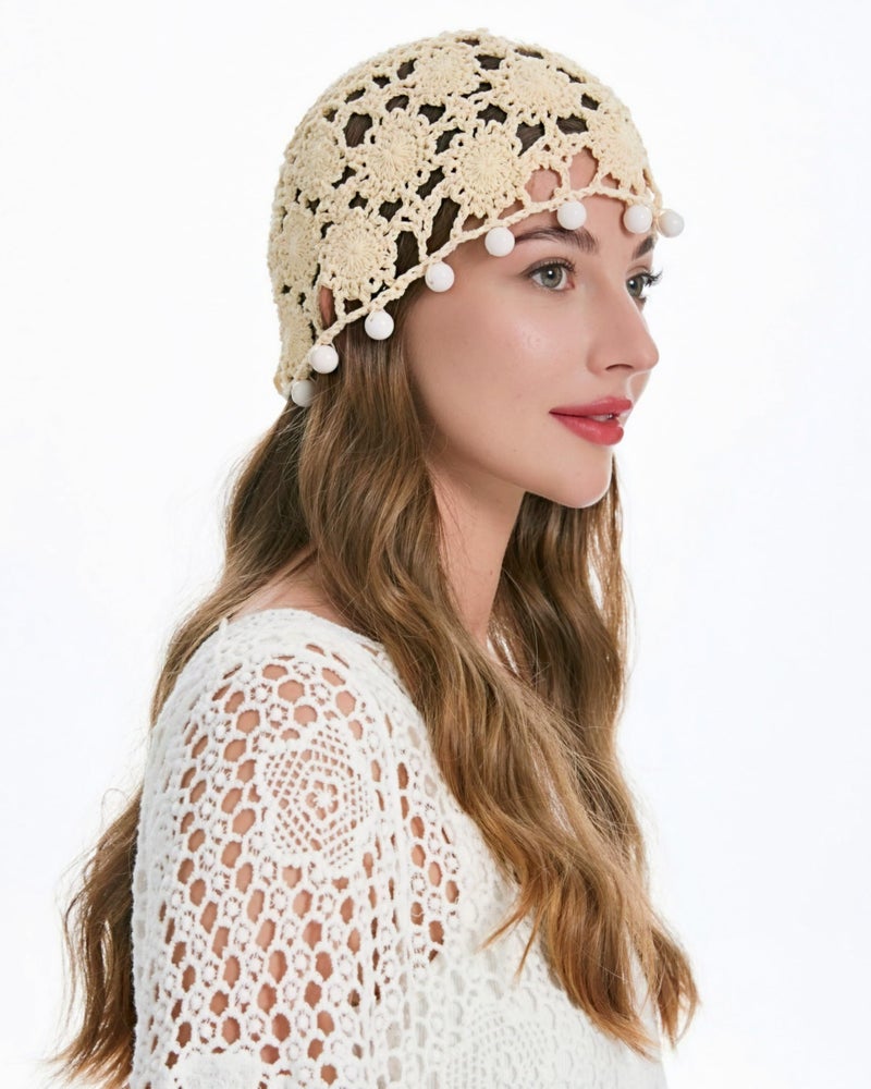 ZLYC Women Cotton Crochet Skull Cap Handmade Knit Cutout Floral Beanie Hat (Bead Beige) - Image 4