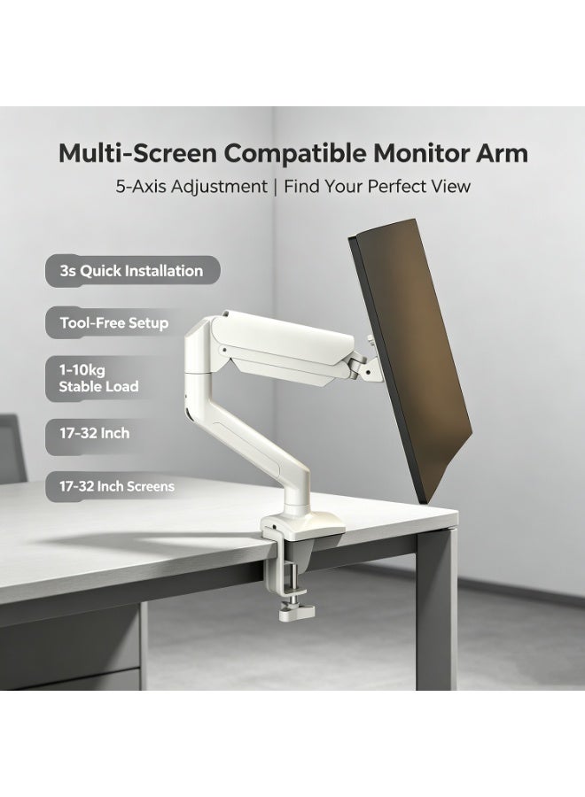Single Monitor Desk Mount, Adjustable Gas Spring Monitor Arm, Support Max 32 Inch, 4.4-17.6lbs Screen, Computer Monitors Stand Holder With Clamp/Grommet Mounting Base, Vesa Mount Bracket,White，A Mouse Pad Will Be Given Away. - Image 3