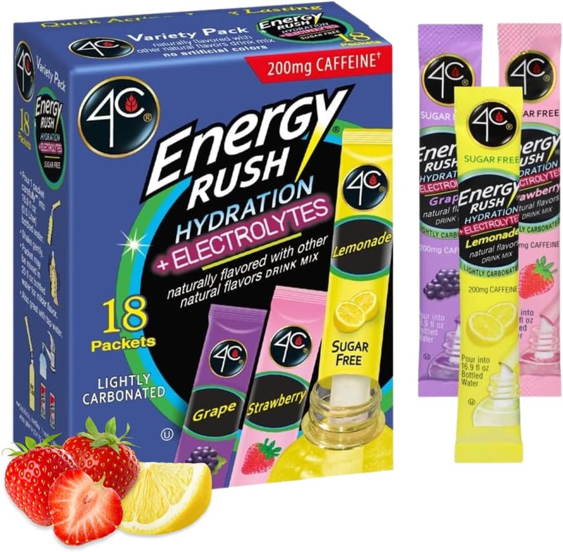 4C باقة متنوعة من 4C Energy Rush للترطيب + الإلكتروليتات - 18 عبوة عصا (ليمونادة، فراولة، عنب) - Image 1