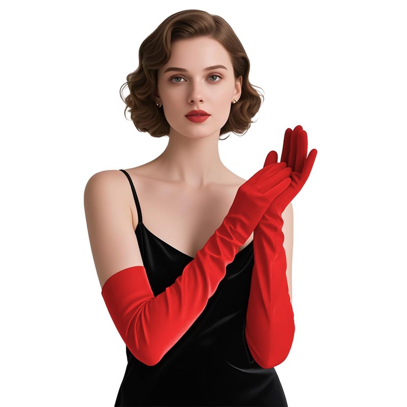 THARAHT Women Long Gloves with Satin Elbow Length for 1920s Opera Tea Party Costumes Bridal Evening Dress,Red - Image 1